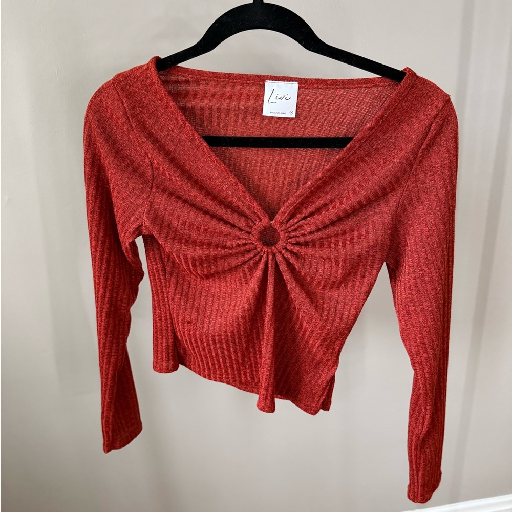 Olivia Rae Ribbed Long-Sleeve Knot Front Top in Rust Red